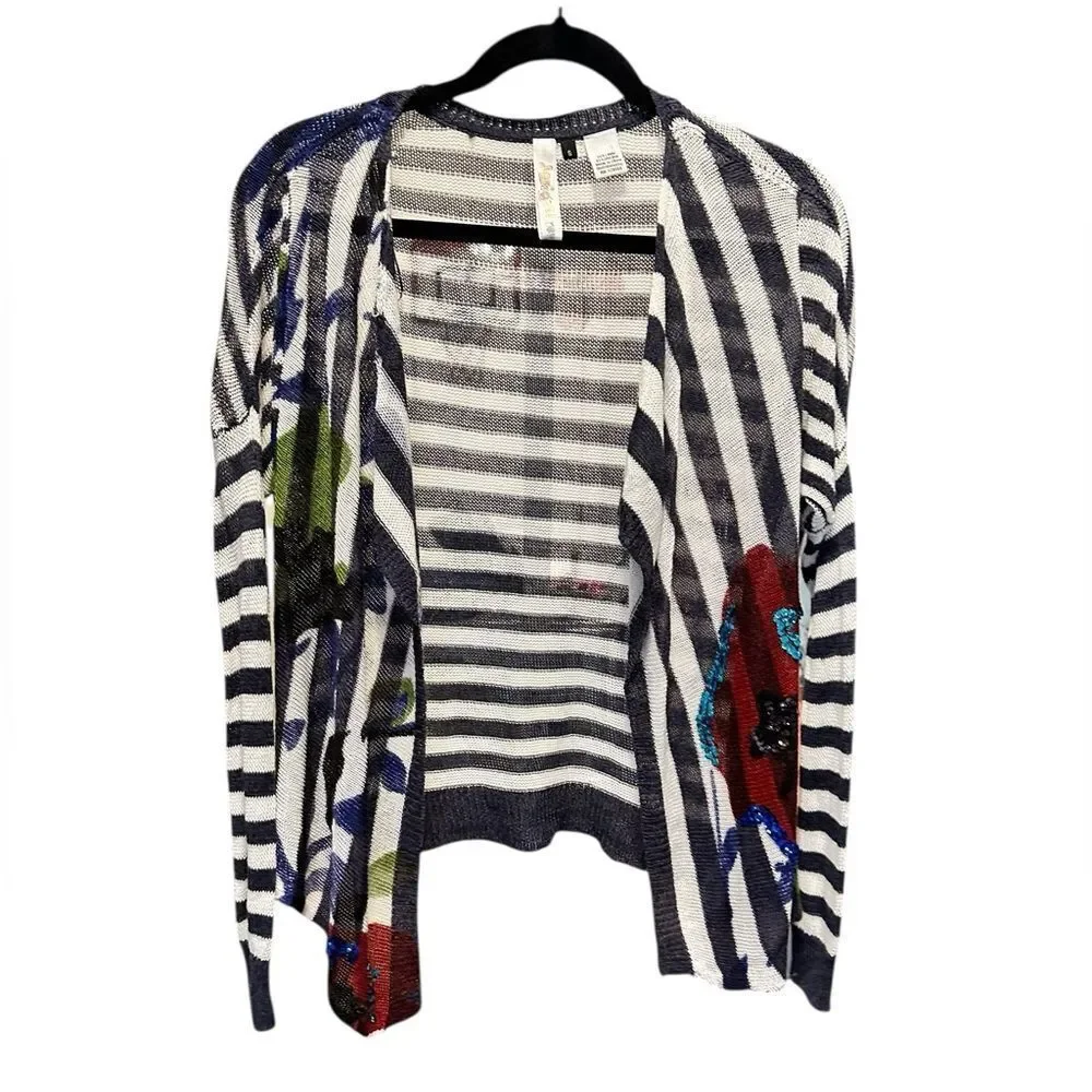 EUC Women’s Striped Multicolor Open Front Lightweight Sweater Cardigan - Small